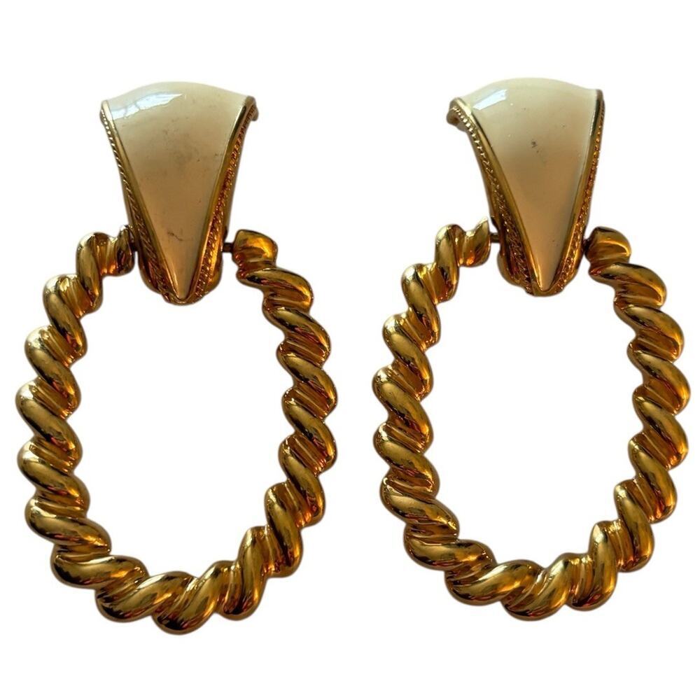 ST John Gold Tone/Cream Enamel Door Knocker Clip On Earrings 3” XL Vintage 80s